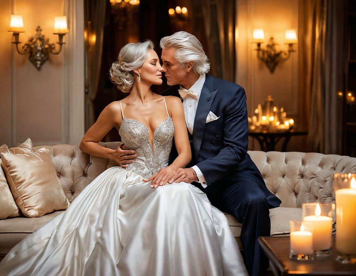 A passionate scene depicting an elegant, mature couple sharing an intimate moment in a luxurious setting. The man exudes charm and confidence with silver hair and alluring eyes, while the woman radiates beauty and allure, dressed in a flowing gown. Surround them with warm candlelight and soft cushions, highlighting the essence of romance and desire. The background features subtle, sophisticated decor that complements their chemistry. super-realistic. vibrant colors. warm lighting.