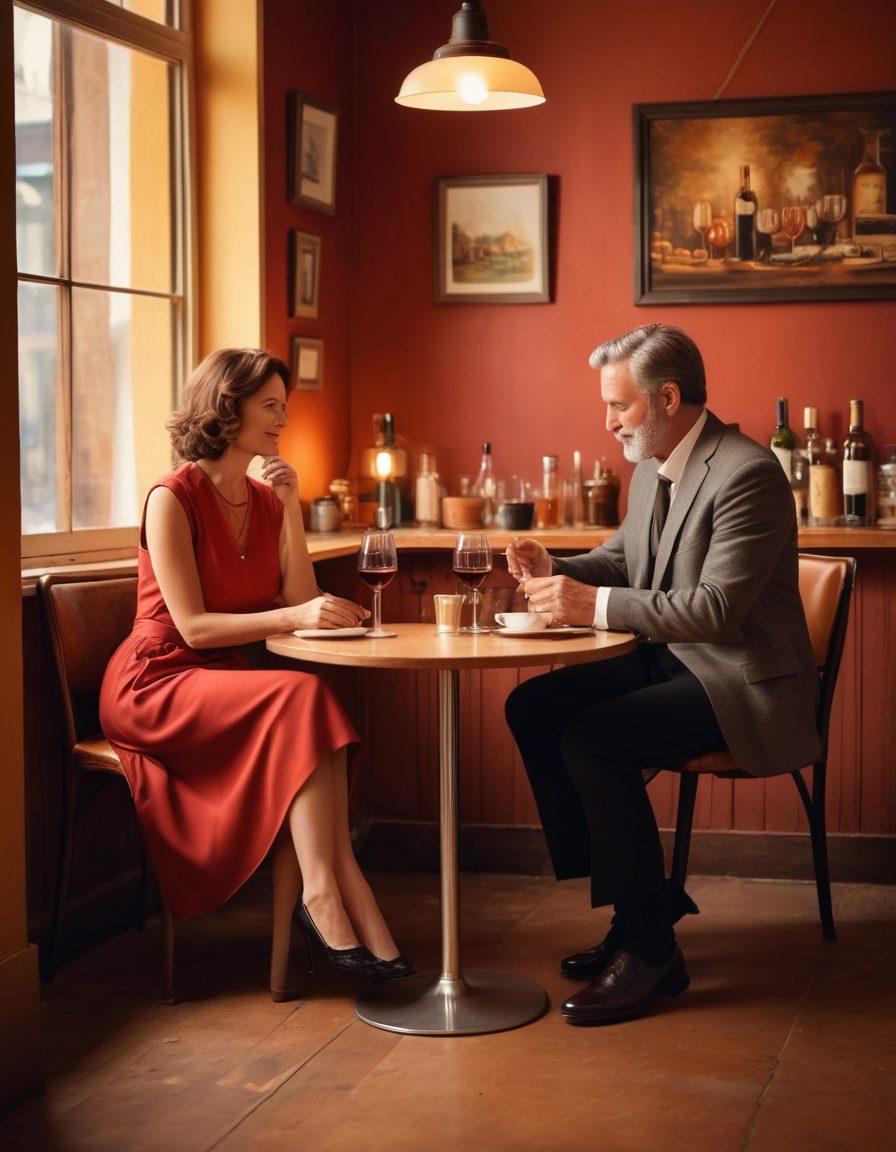 An elegant and inviting scene of two mature adults engaging in a deep conversation at a cozy café, surrounded by soft ambient lighting and warm colors. The chemistry between them is palpable, showcasing subtle gestures of seduction and connection, with a charming backdrop of vintage decor. Include elements of sophistication, like a glass of red wine on the table. soft focus. warm colors. realistic style.