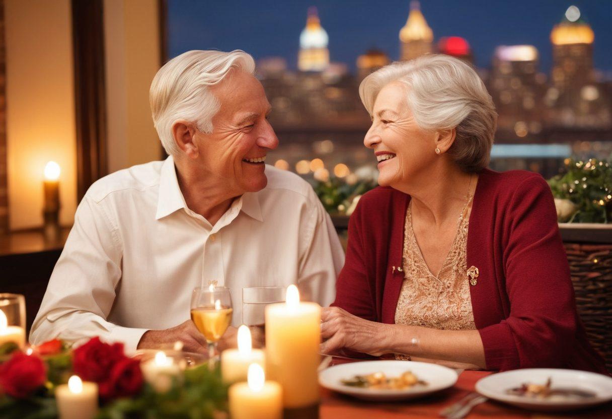 A cozy, intimate setting with an older couple sharing a warm laugh over a candlelit dinner, surrounded by soft hues of red and gold. Include elements that signify romance, like heart-shaped decorations or a bouquet of flowers on the table. Showcase a vibrant city skyline in the background, hinting at adventure. Capture the joy and connection between them through their expressions. super-realistic. warm colors. softly blurred background.